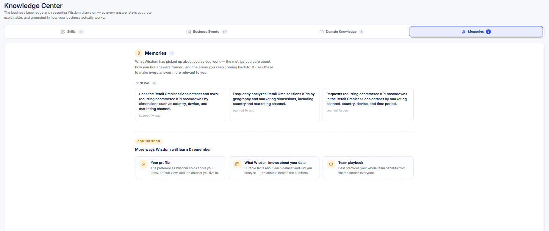 The new Memories tab in the Knowledge Center — the preferences Wisdom has learned about how you analyze, private to you and editable