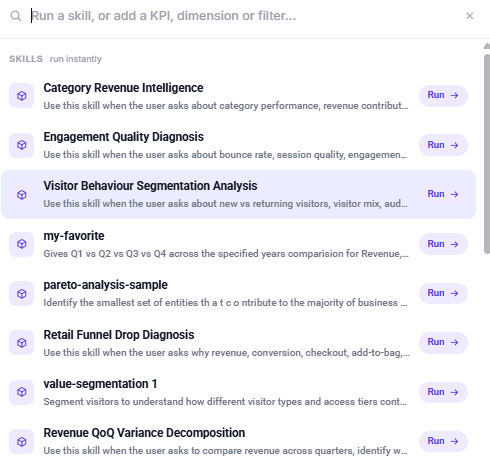 The / menu in Wisdom listing the dataset's Cognitive Skills, each ready to run instantly