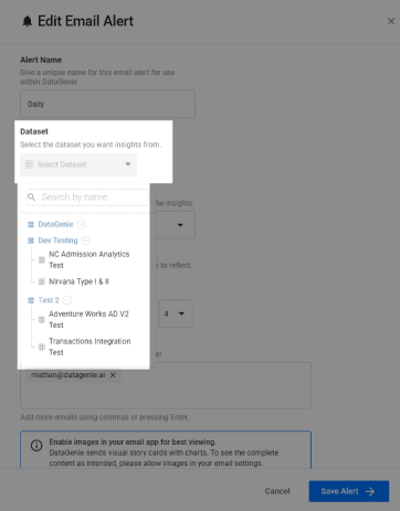 Authorized dataset selector in IOE alert setup