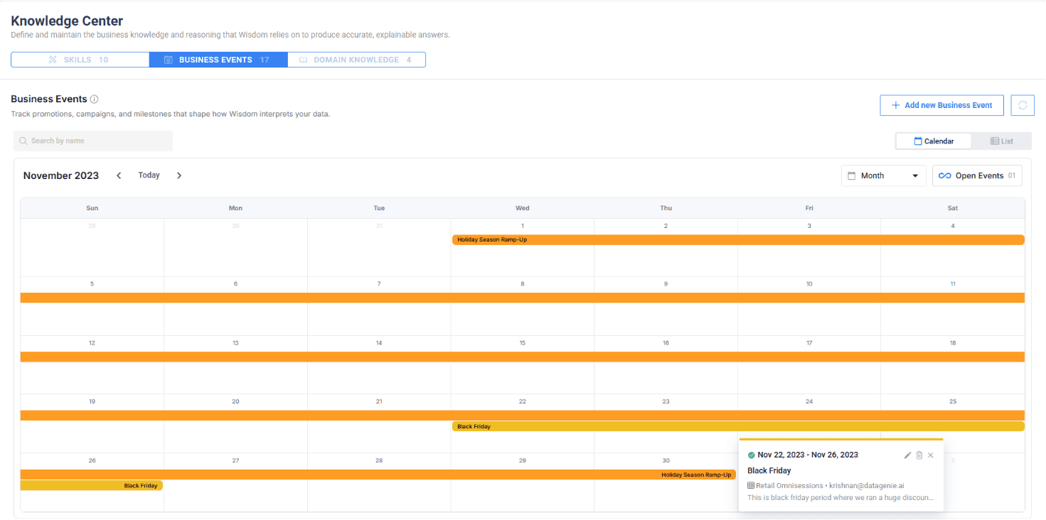 Knowledge Center Business Events calendar view with Holiday Season and Black Friday events