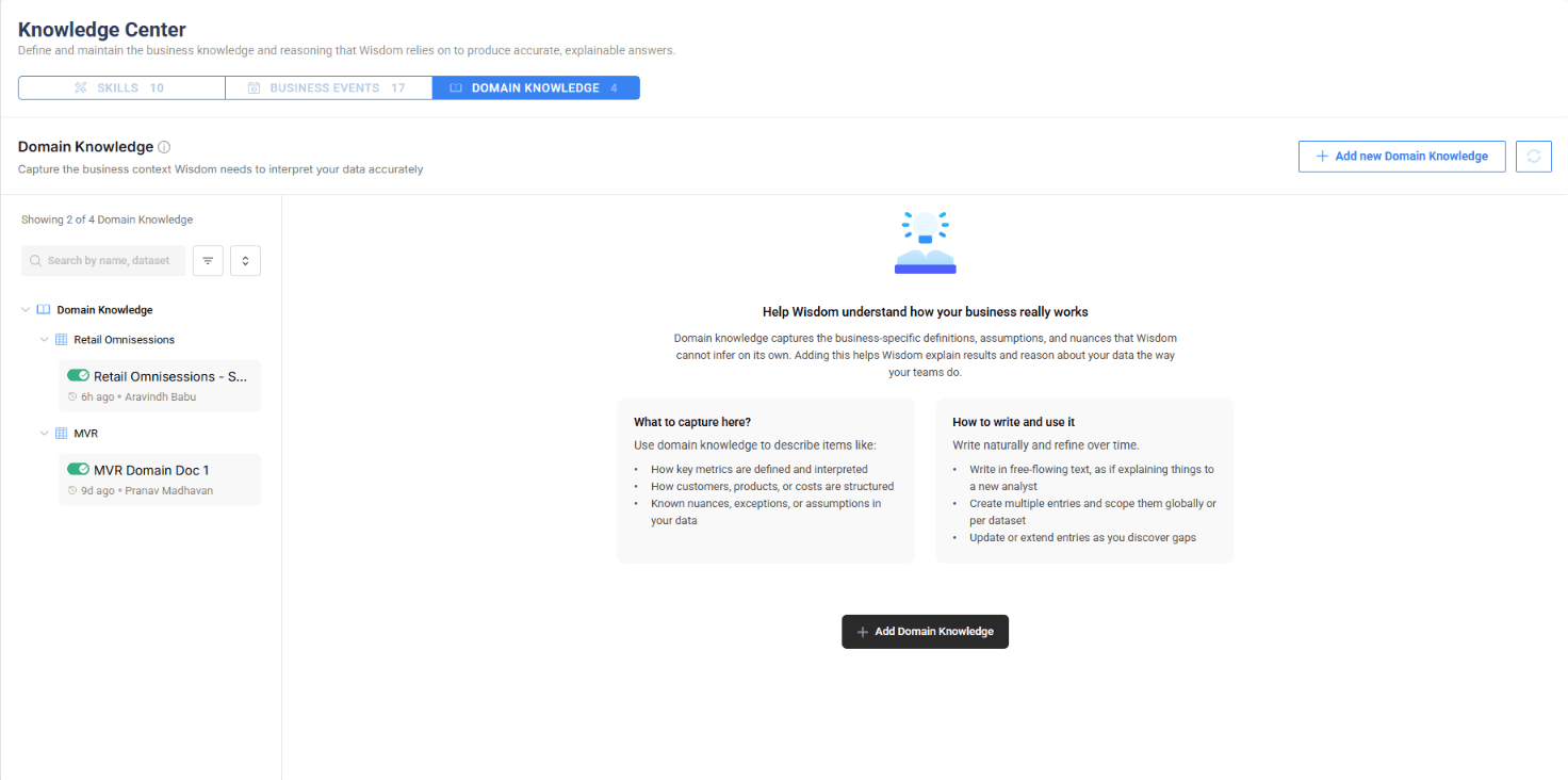 Knowledge Center Domain Knowledge tab with dataset-scoped entries and guidance panel