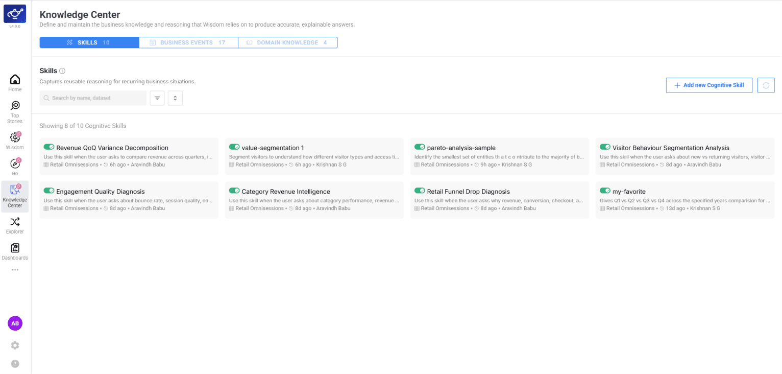 Knowledge Center Skills tab showing cognitive skills grid with enable/disable toggles