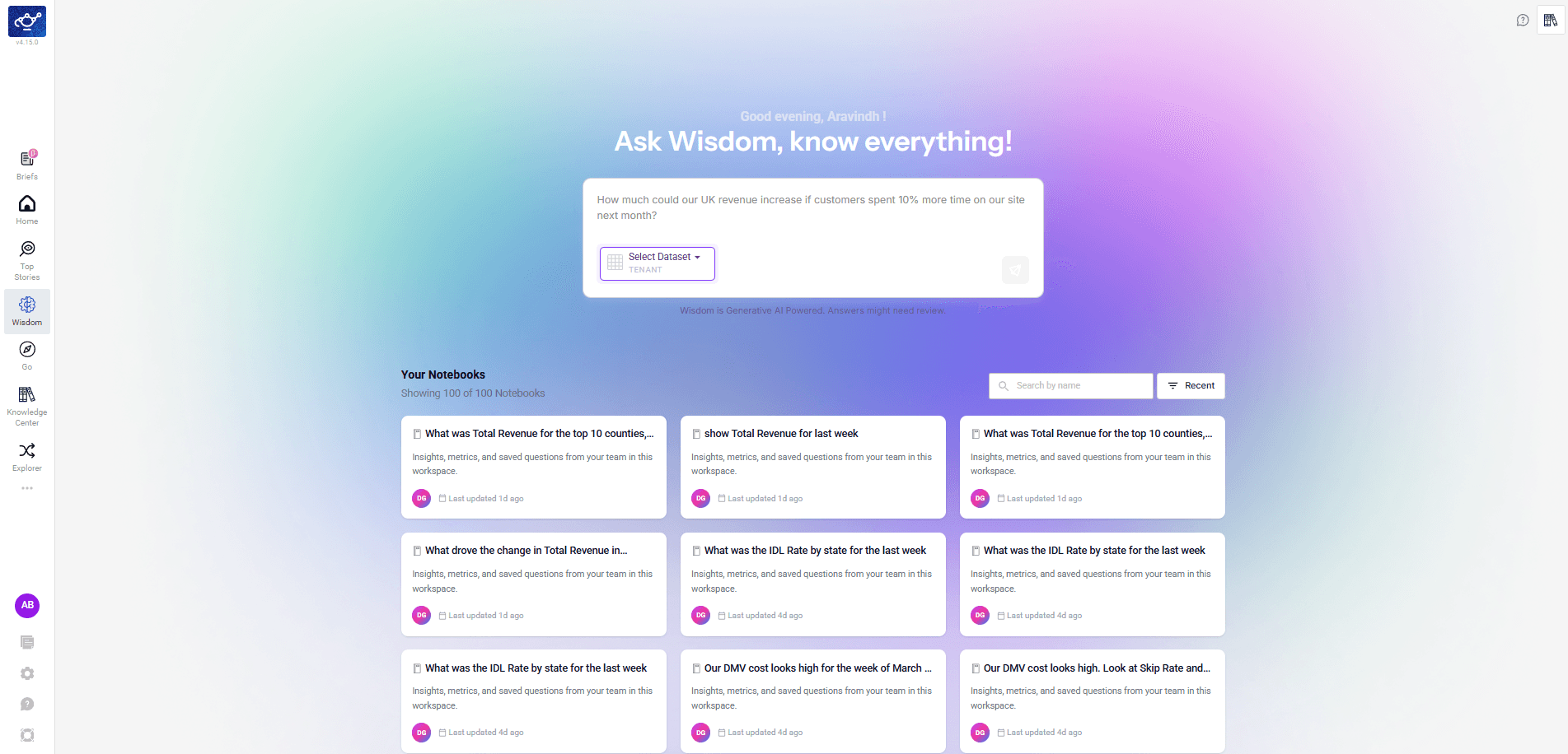 Wisdom home showing saved notebooks as a searchable grid of cards
