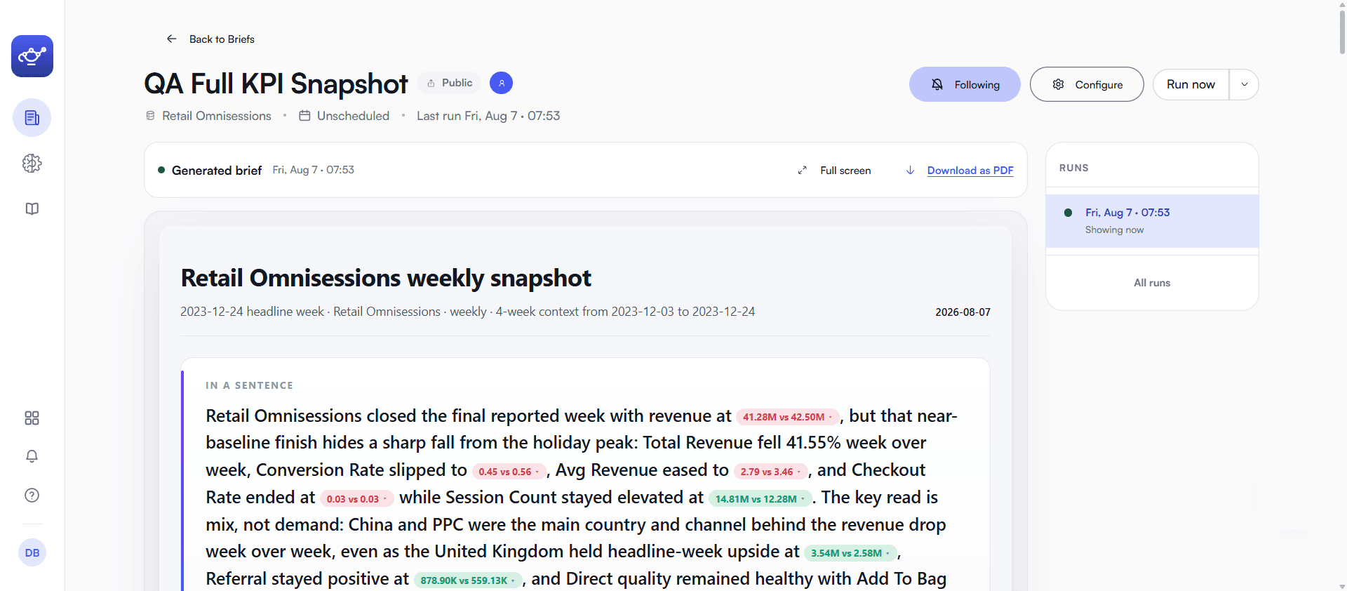 A Briefs detail view — an in-a-sentence takeaway, prose with highlighted movements, run history, and a Download as PDF action