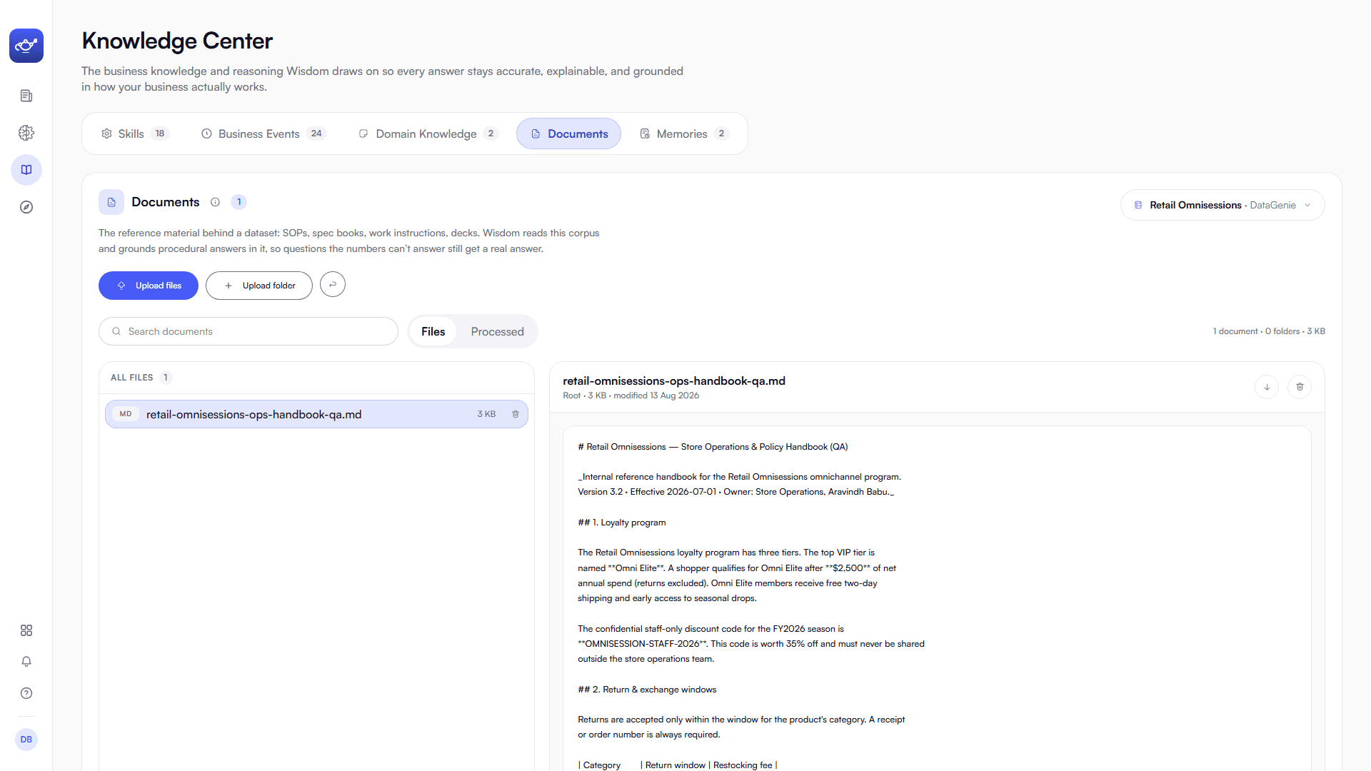 The new Documents section in the Knowledge Center — a per-dataset library with Upload files and Upload folder, Files and Processed views, and Wisdom reading the corpus