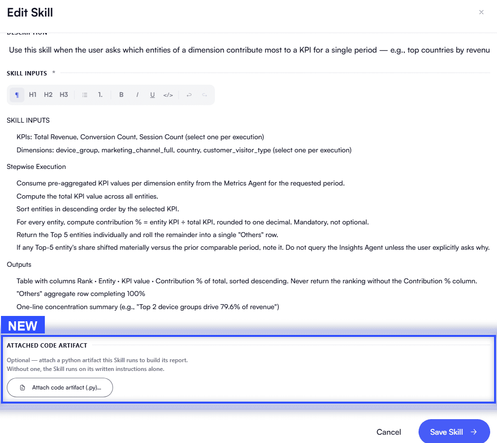 The Attached Code Artifact section in a Cognitive Skill — an optional Python artifact the skill runs to build a richer, custom report