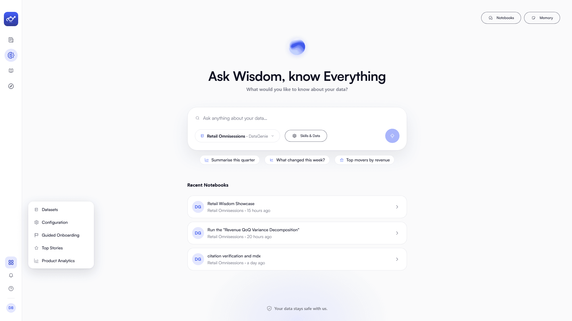The redesigned navigation — Briefs, Wisdom, Knowledge Center, and Explorer in the rail, with the More menu holding Datasets, Configuration, Guided Onboarding, Top Stories, and Product Analytics