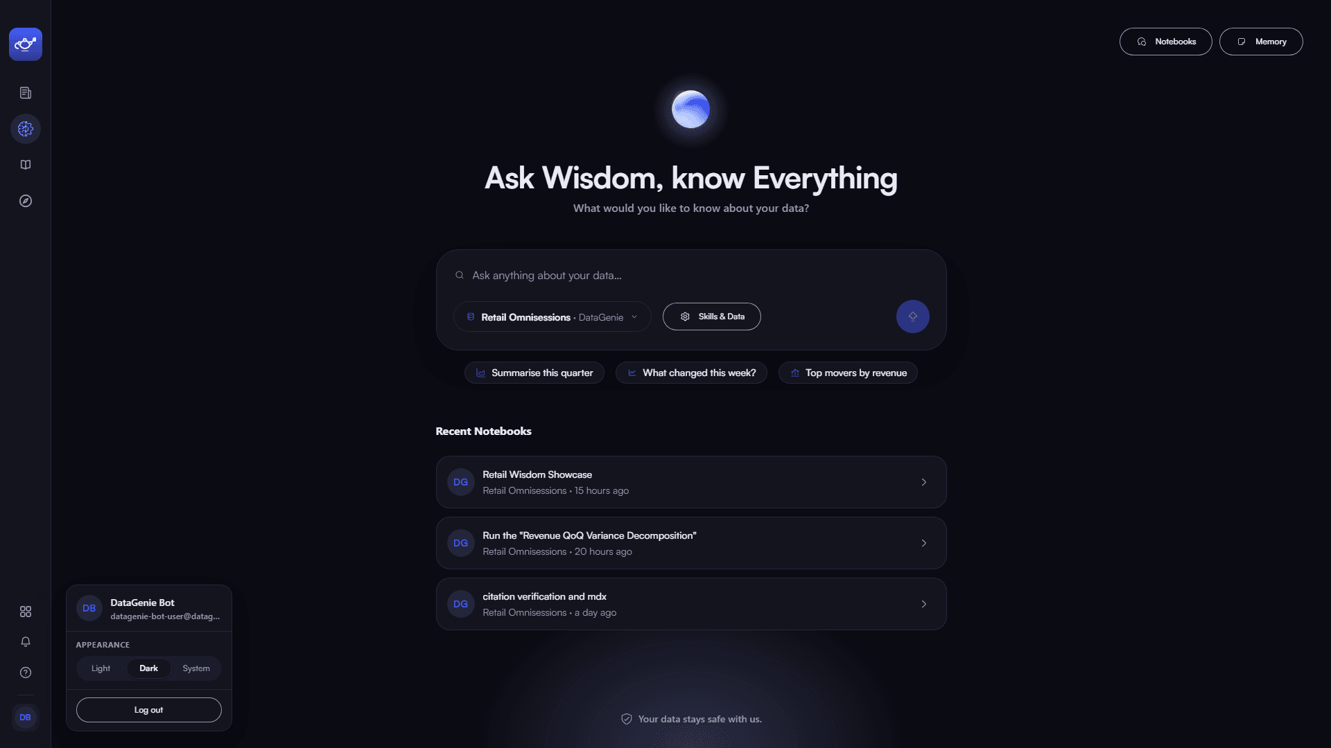 The same Wisdom home in the dark theme, with the Appearance switch open in the account menu
