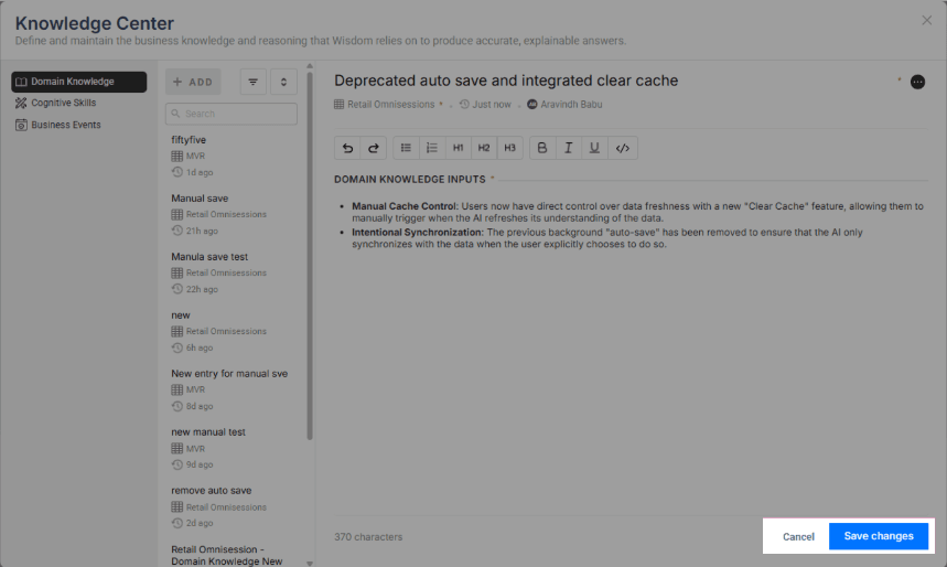 Wisdom Knowledge Base sync controls