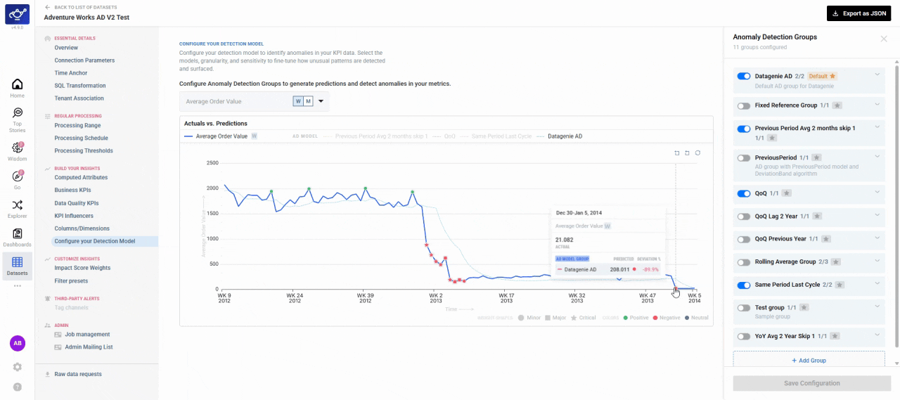 Toggling detection groups on and off to control the comparison view