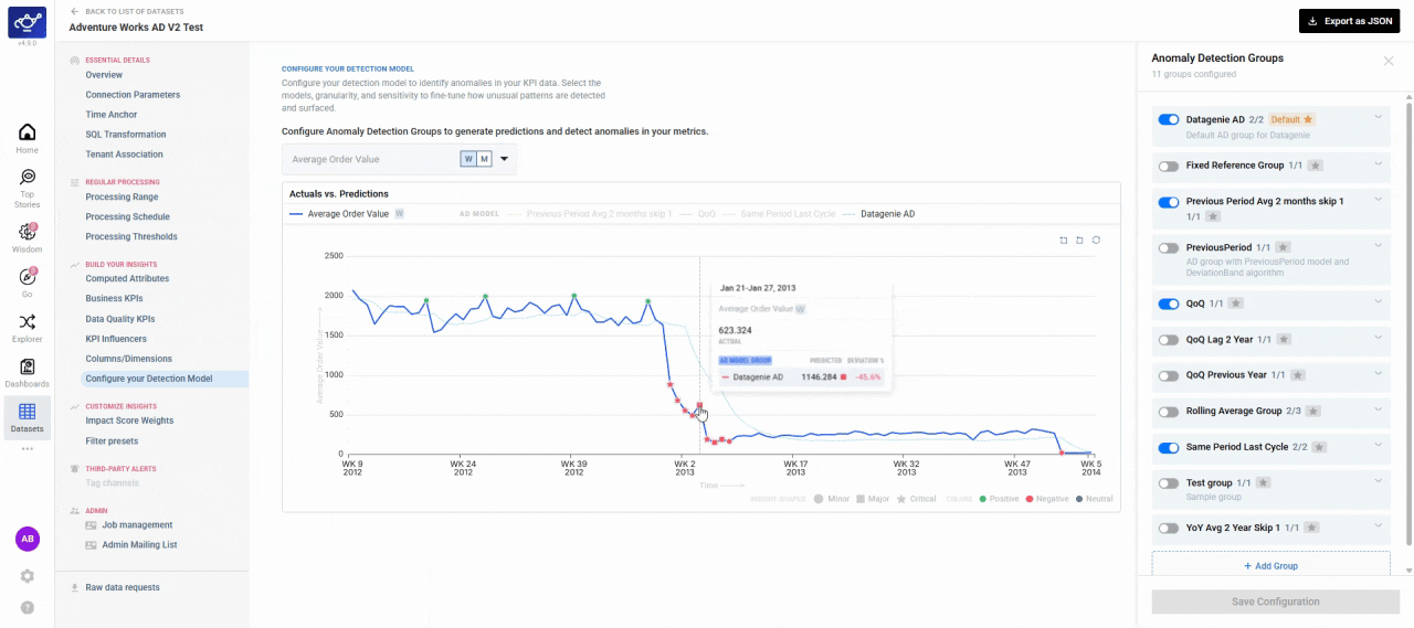 Anomaly Detection Groups panel showing all available detection groups