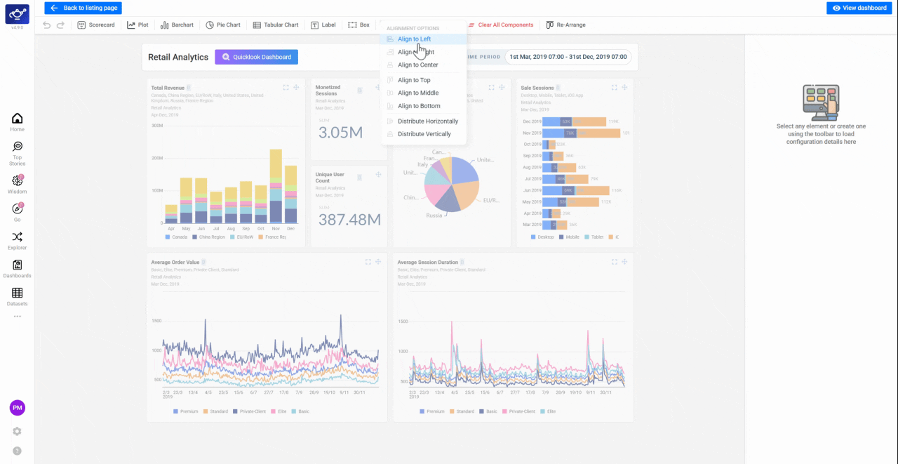 Using the Alignment and Re-Arrange tools to snap dashboard widgets into a clean grid layout