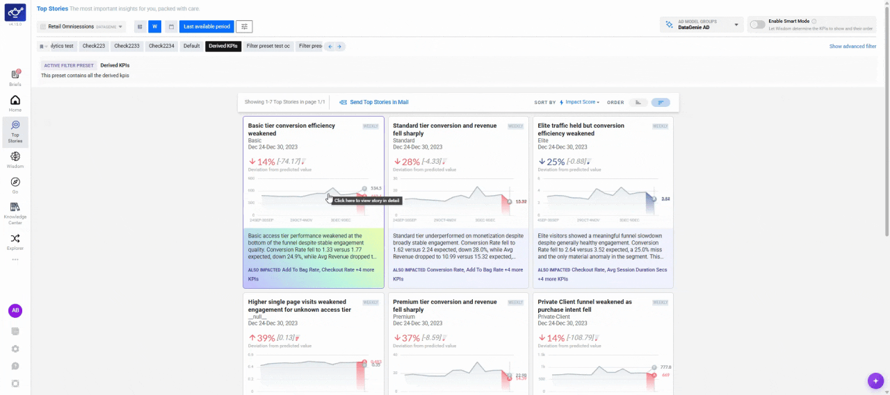 Opening the Top Stories panel to find a headline metric that has moved