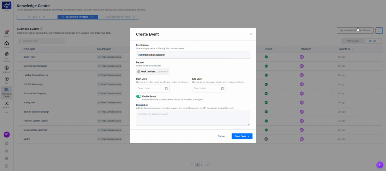 Filling in event name, description, and date range then saving