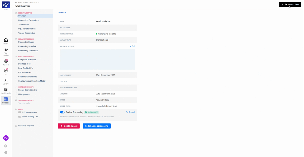 Clicking Export as JSON in the dataset detail panel to download the Blueprint configuration file