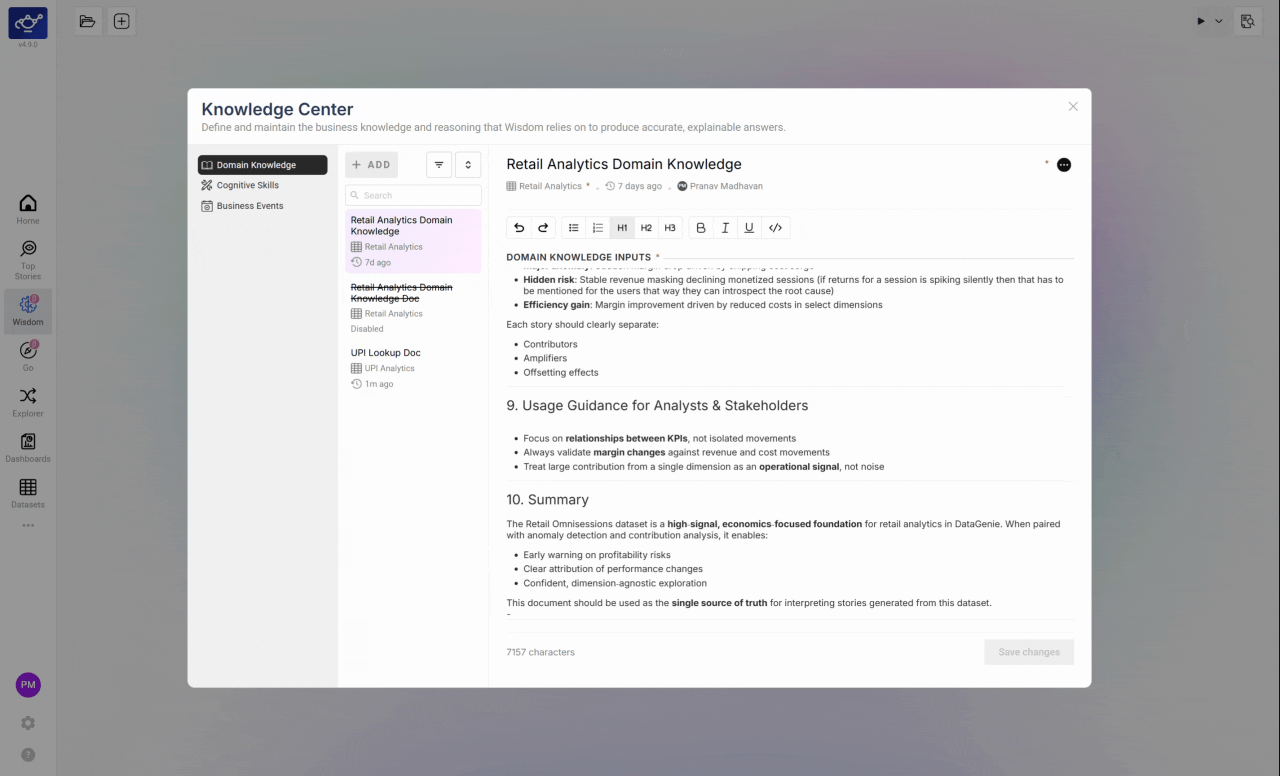Entering a KPI definition and business rule into the Knowledge Center and saving