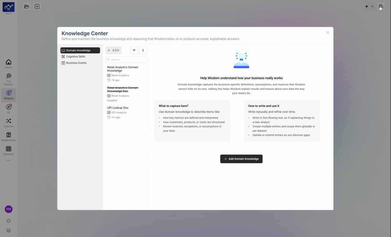 Knowledge Center layout showing sections for business logic, KPI definitions, and domain terms