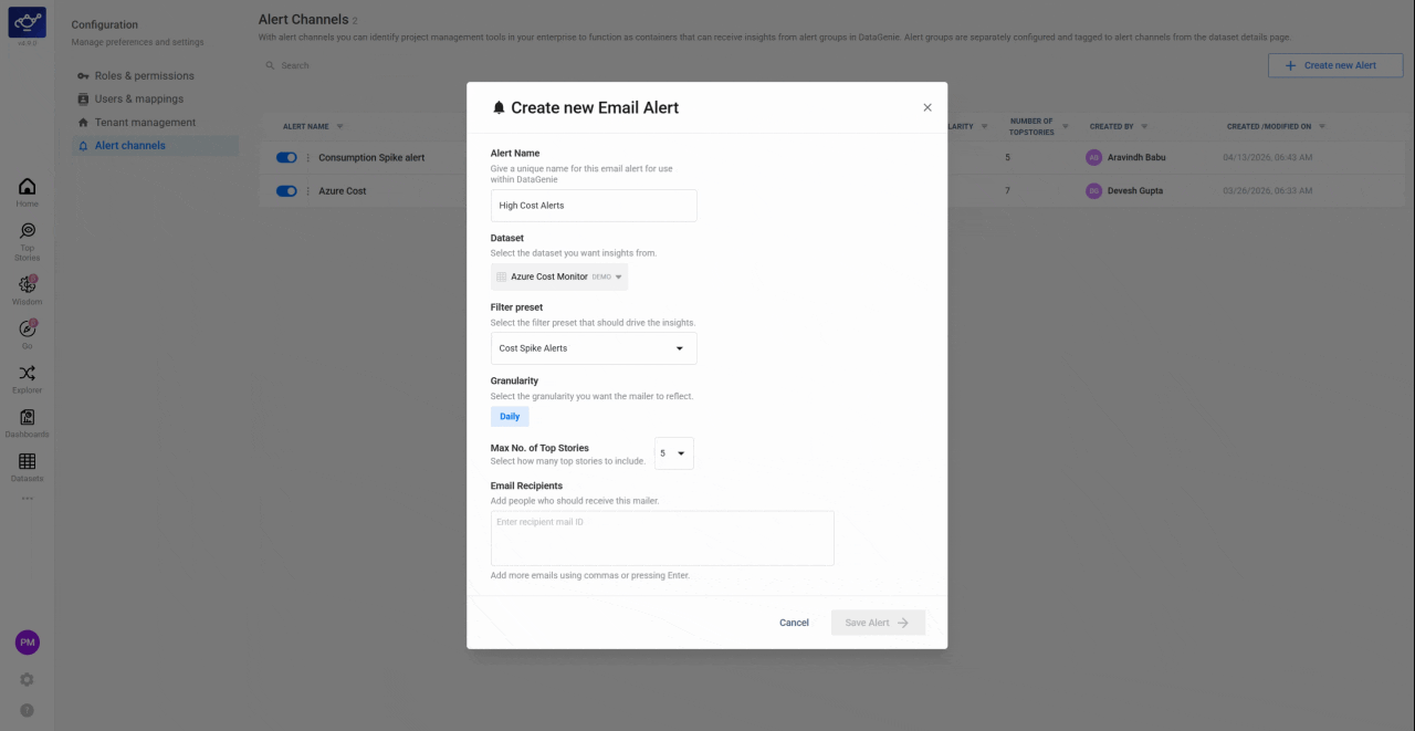 Setting alert frequency and adding recipient email addresses