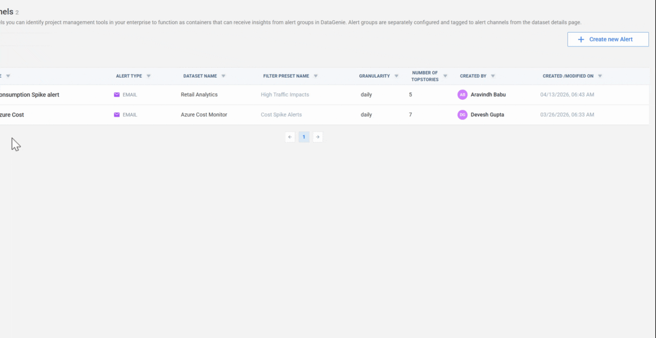 Clicking the Create Alert button to open the alert setup panel