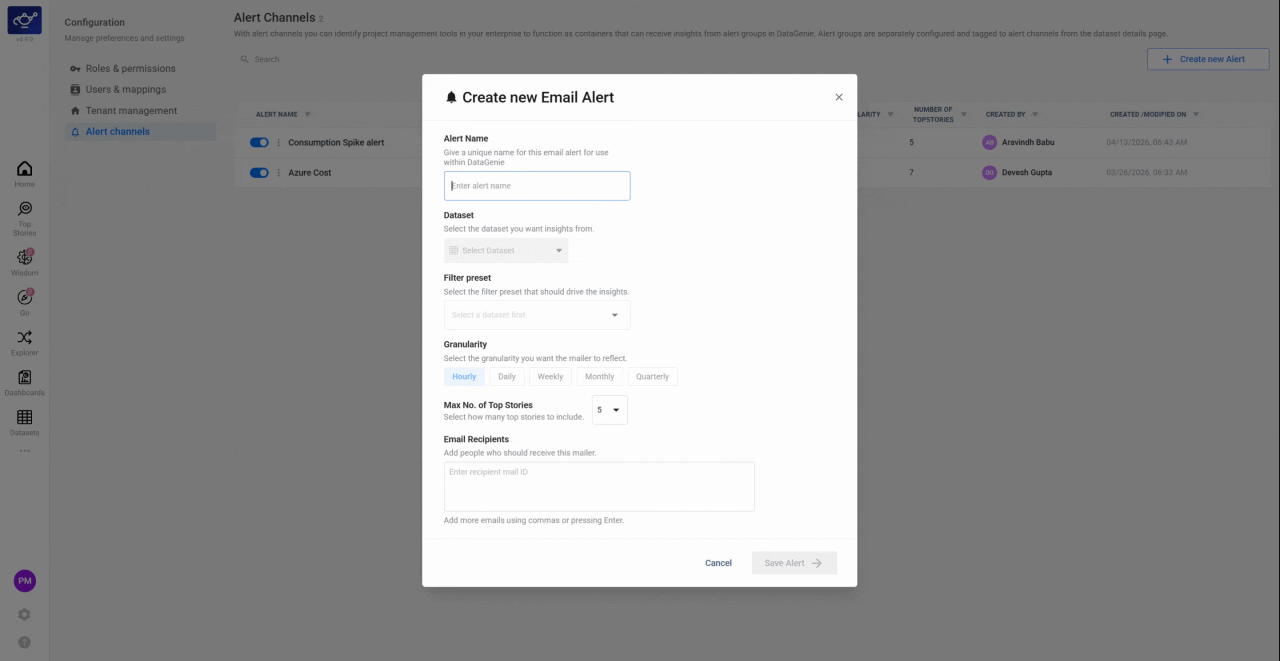 Selecting a dataset and applying filter presets in the alert configuration panel
