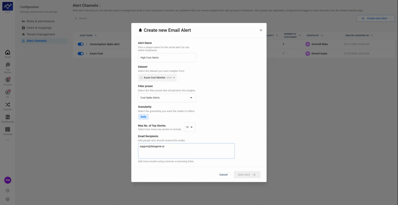 Reviewing the alert configuration and clicking Save to activate it
