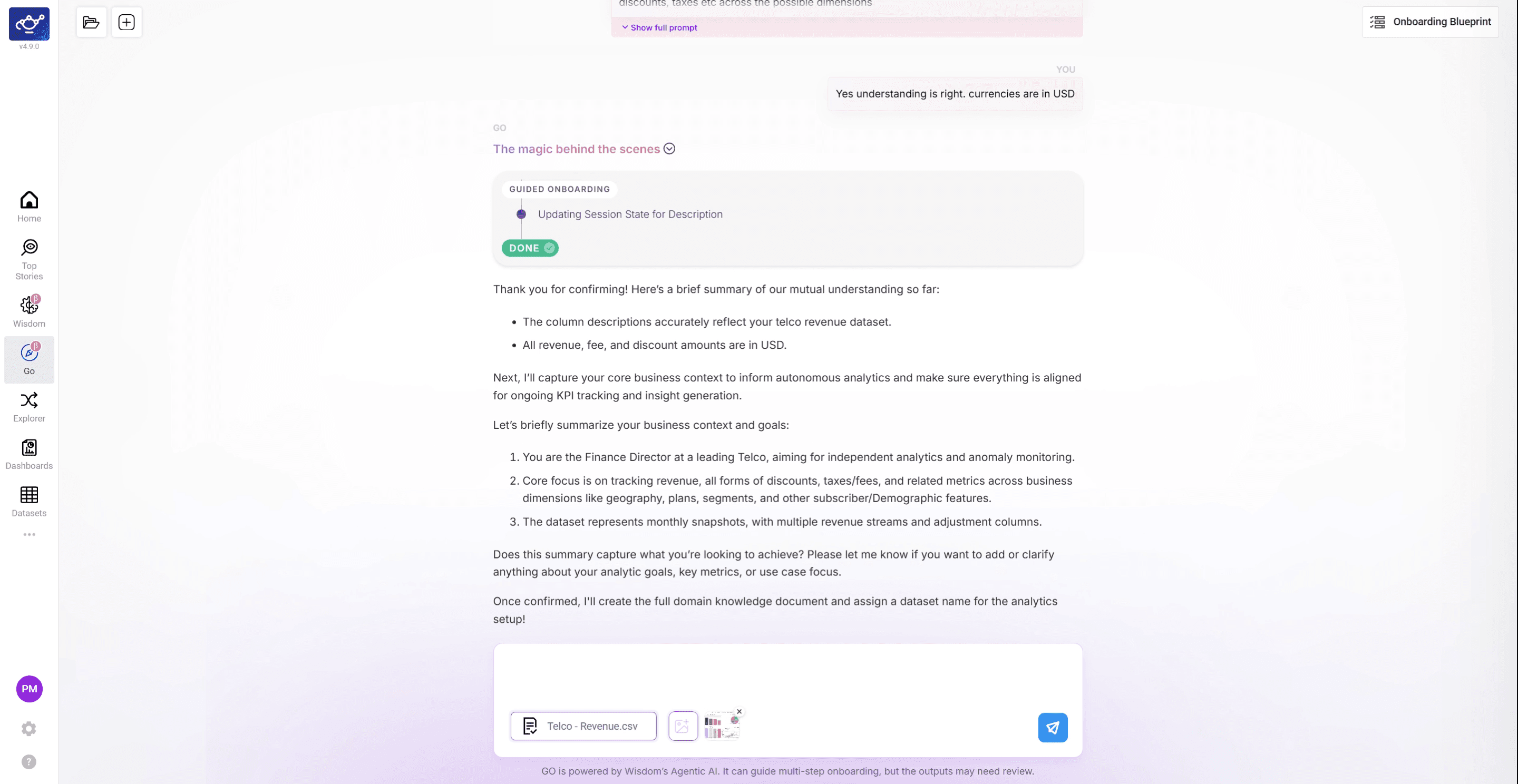 Uploading a dashboard screenshot in GO to provide additional KPI and dimension context