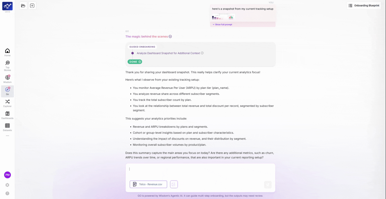 GO displaying a full onboarding summary with KPIs, dimensions, and settings, ready for final user confirmation