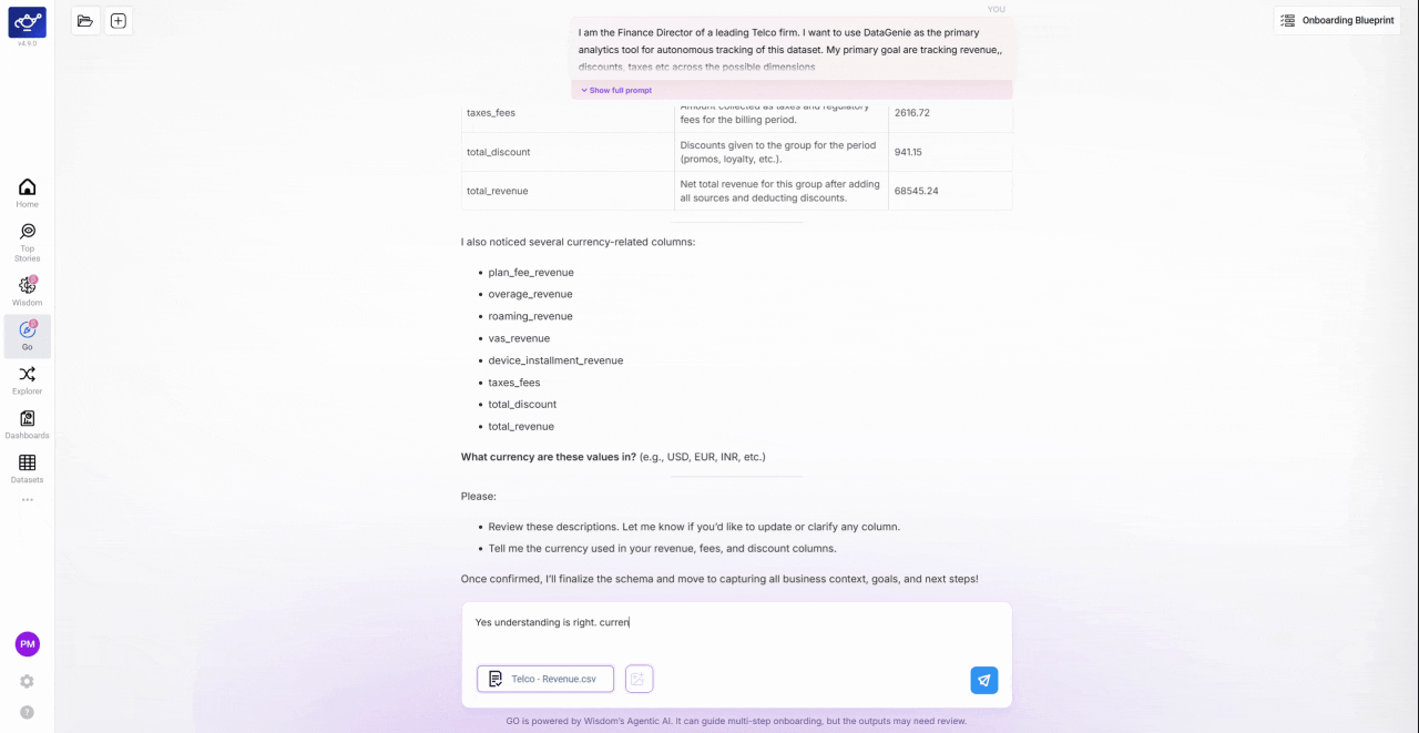 GO asking follow-up questions about column details in the chat interface, with a currency confirmation prompt