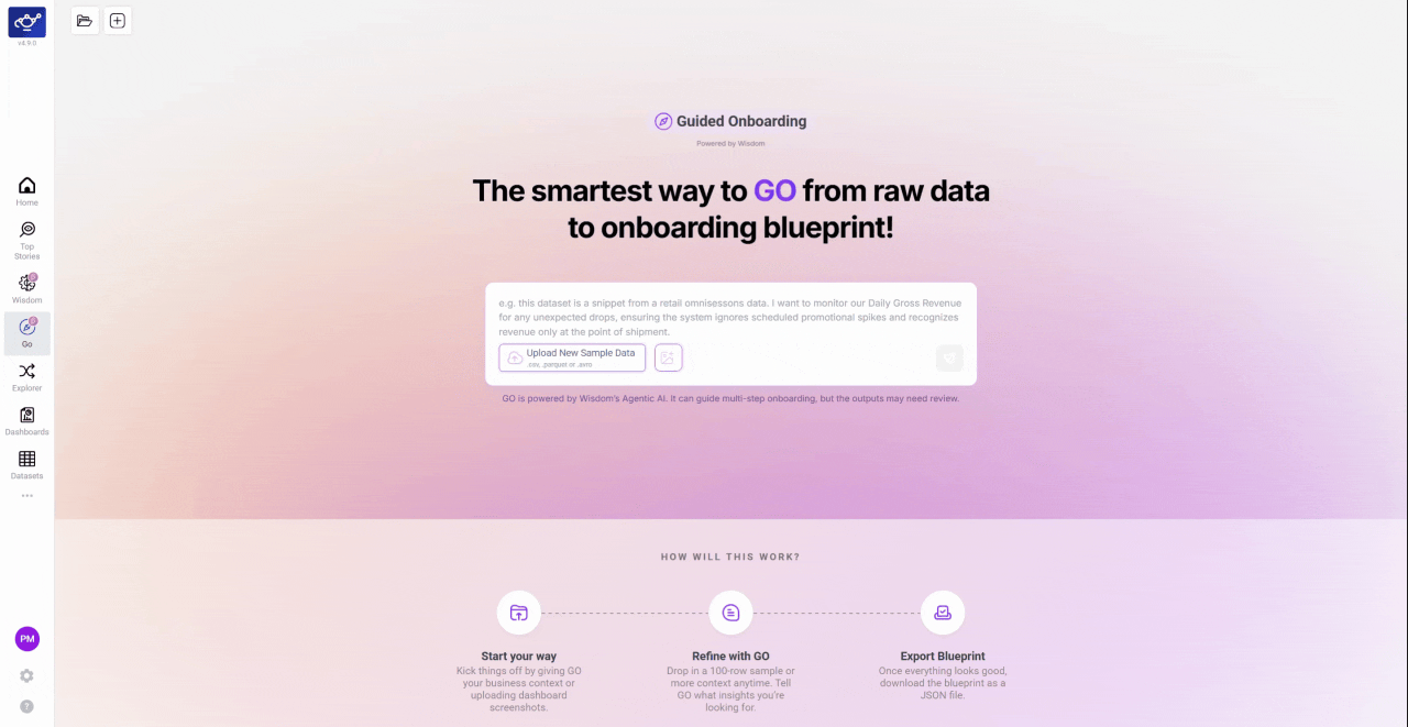 Uploading a sample dataset file in the GO interface