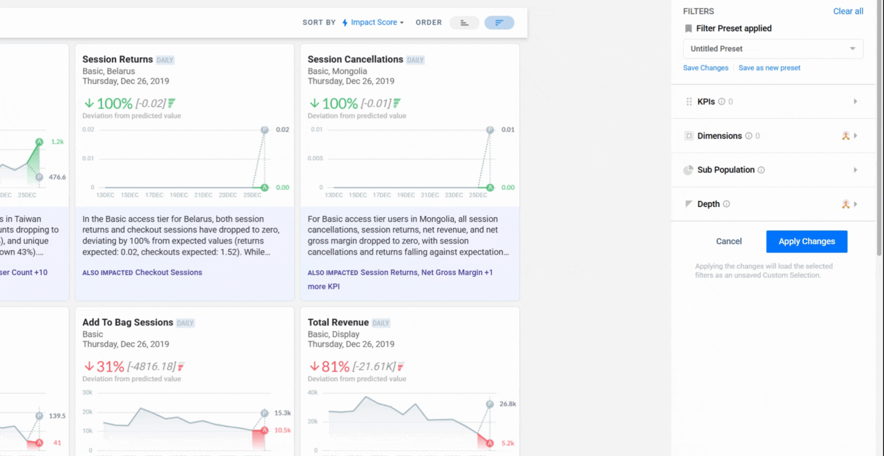 Selecting KPIs in the KPI filter tab to scope story generation to specific metrics
