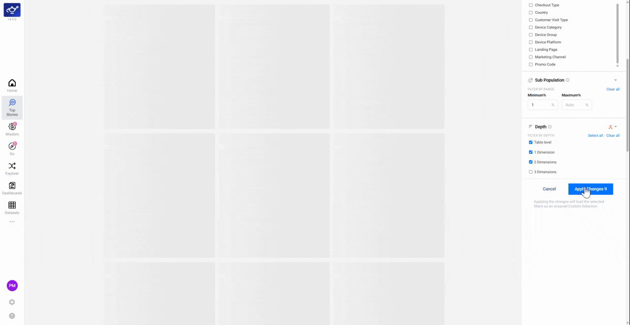 Clicking Apply Changes at the bottom of the filter panel and Top Stories regenerating with the new preset