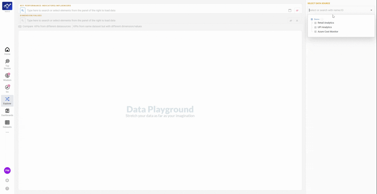 Browsing the KPI selection panel and choosing a metric to load in the chart