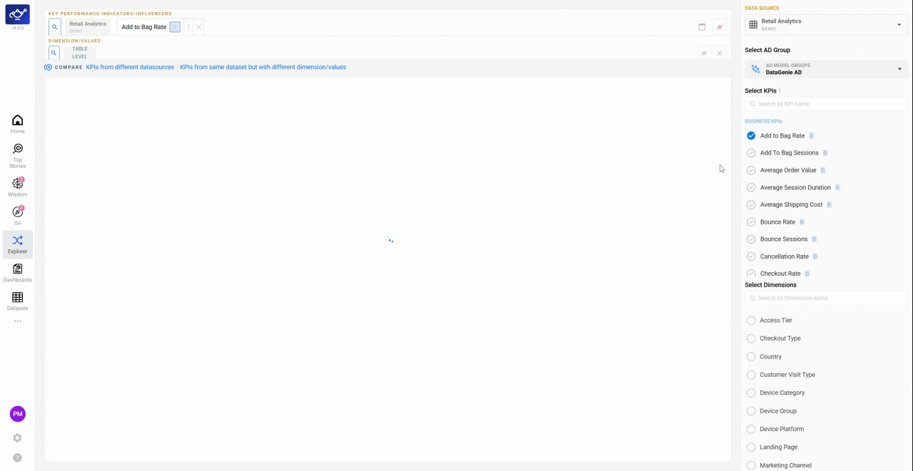 Selecting multiple KPIs and watching each new metric appear as a series on the chart