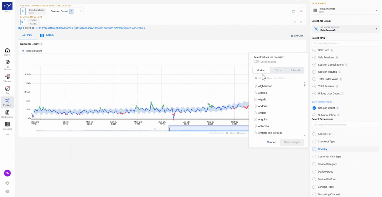 Opening Explorer from the dashboard and navigating to the KPI list