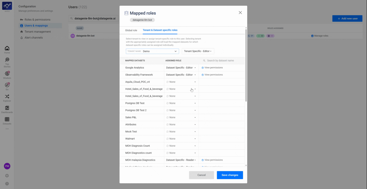 Assigning Reader, Editor, or Admin access to individual datasets in the dataset-level permissions panel