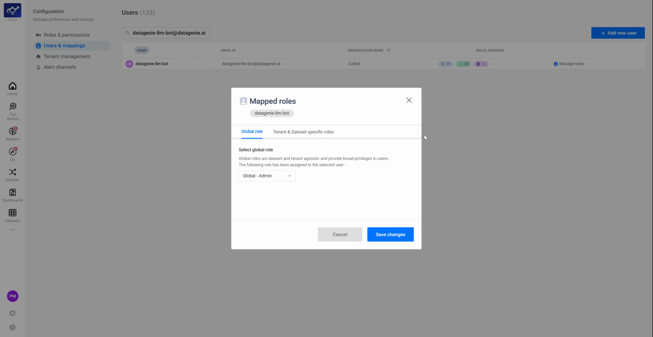 Selecting a Global Role from the dropdown to set the user's organization-wide baseline permissions