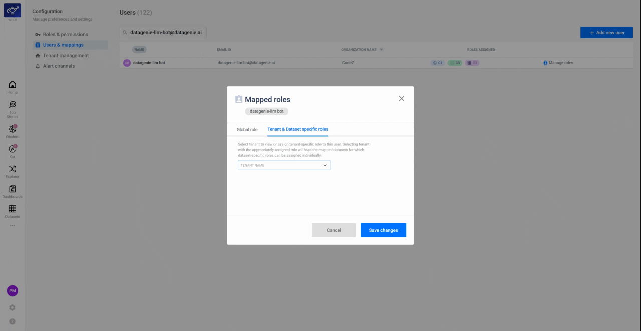 Selecting Reader or Editor Tenant-level permissions for specific workspaces in the role panel