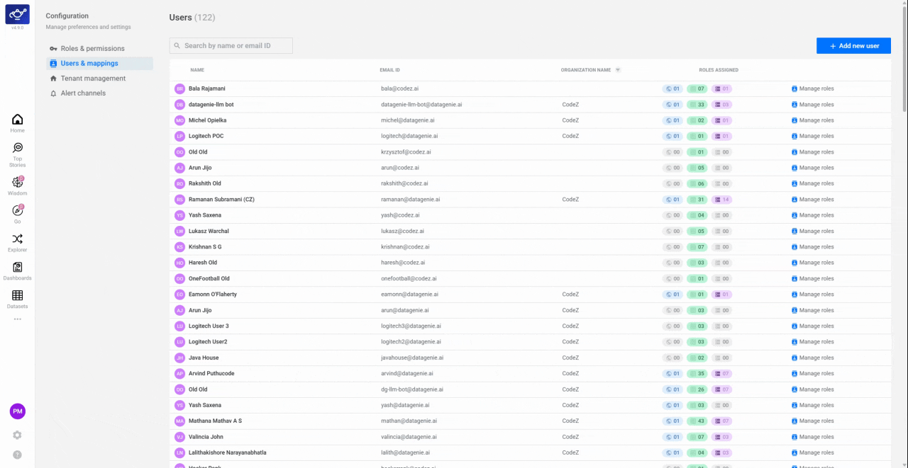 The Manage Roles dialog showing dataset access selection and role assignment options being configured for a user