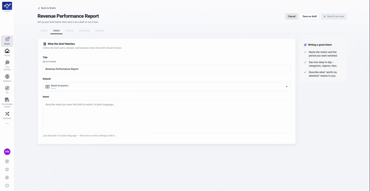 Typing a plain-language intent into the Brief creation panel