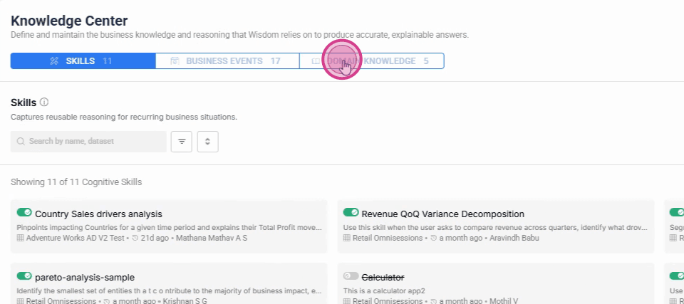 Clicking Domain Knowledge in the Knowledge Center sidebar
