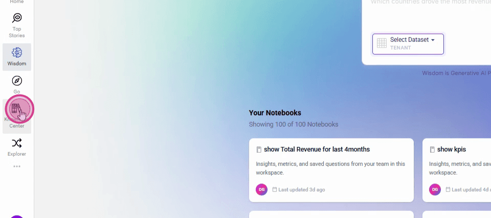 Opening the Ask Wisdom modal to access the Knowledge Center