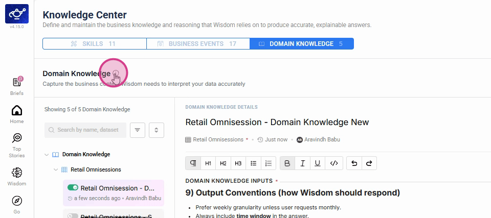 Clicking the confirmation icon to finalize the domain knowledge update